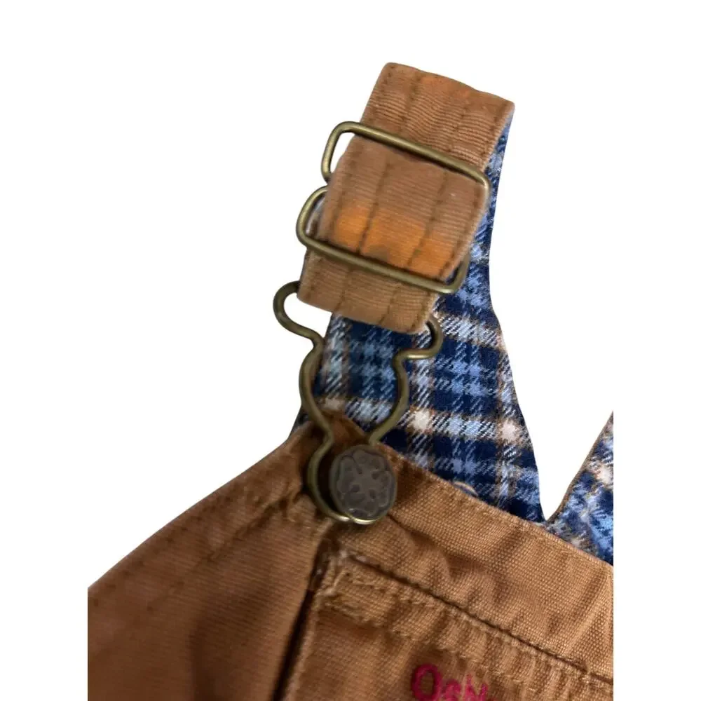 Oshkosh B'Gosh Khaki Denim Blue Plaid Flece Lined Coverall Overalls 6/9 Months